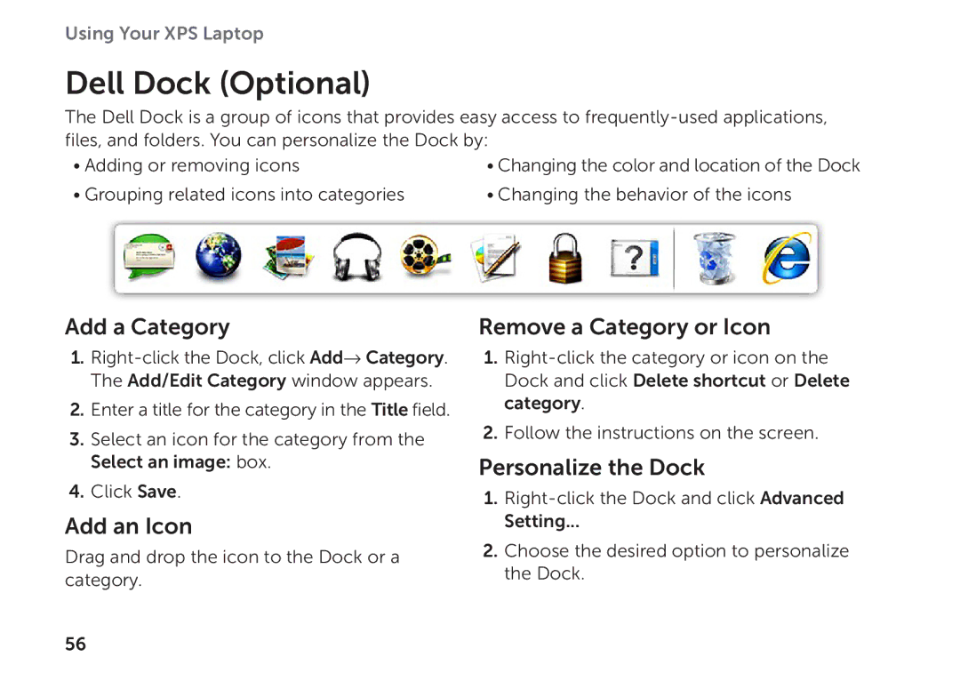 Dell P11F setup guide Dell Dock Optional, Add a Category, Add an Icon, Remove a Category or Icon, Personalize the Dock 