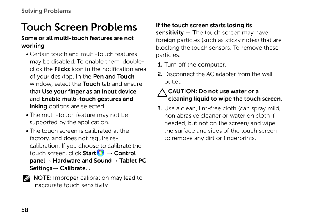 Dell P11F setup guide Touch Screen Problems 