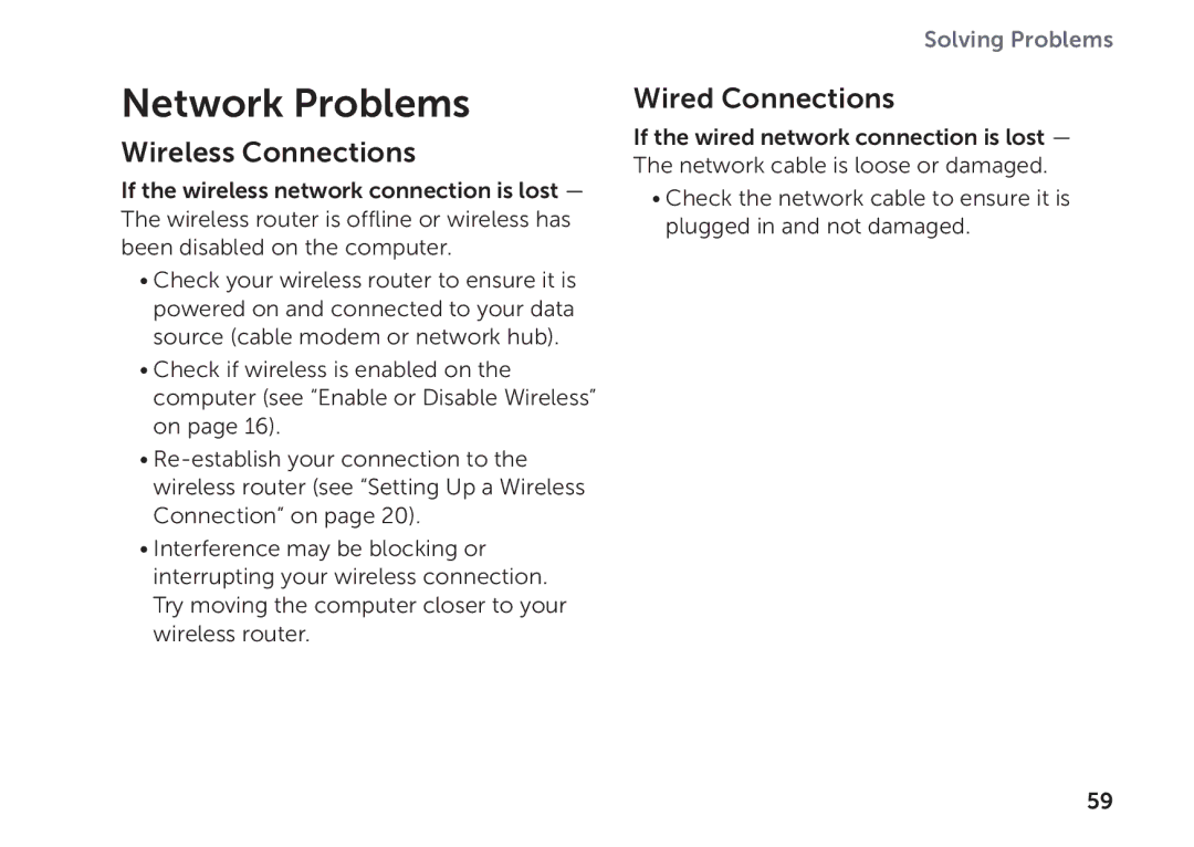 Dell P11F setup guide Network Problems, Wireless Connections, Wired Connections 