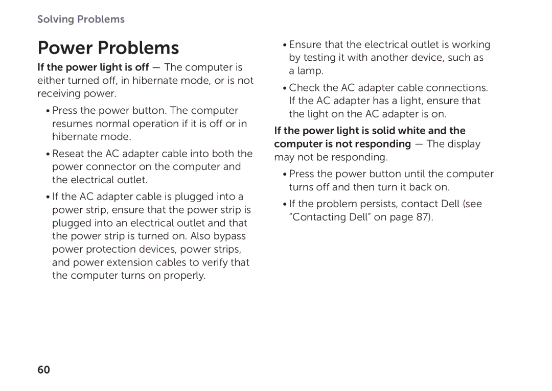 Dell P11F setup guide Power Problems 