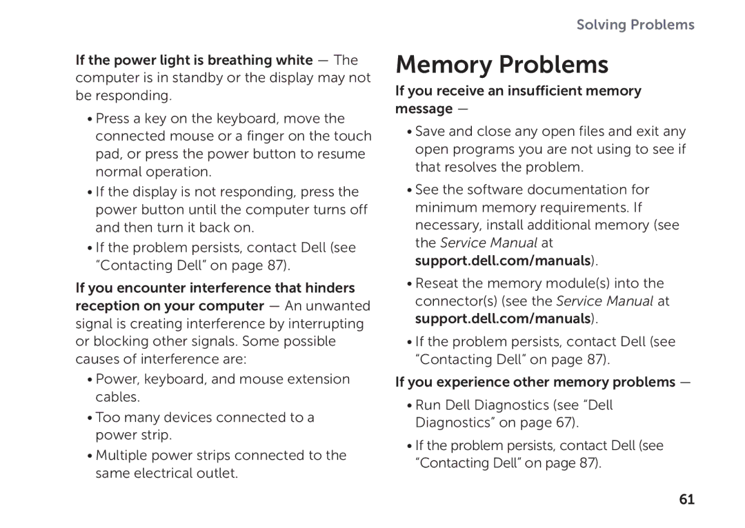 Dell P11F setup guide Memory Problems 