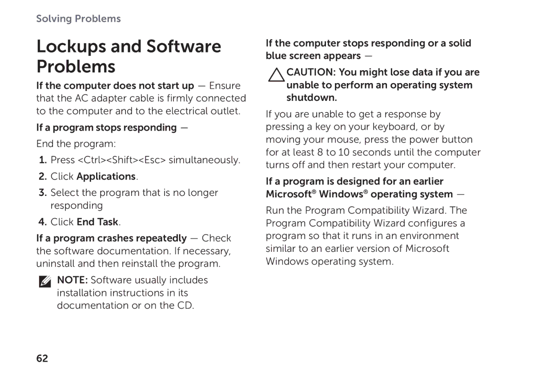 Dell P11F setup guide Lockups and Software Problems 