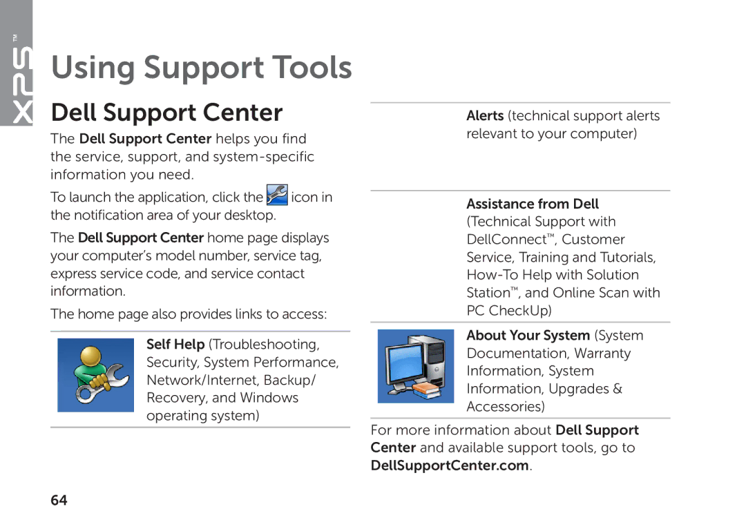 Dell P11F setup guide Using Support Tools, Dell Support Center 