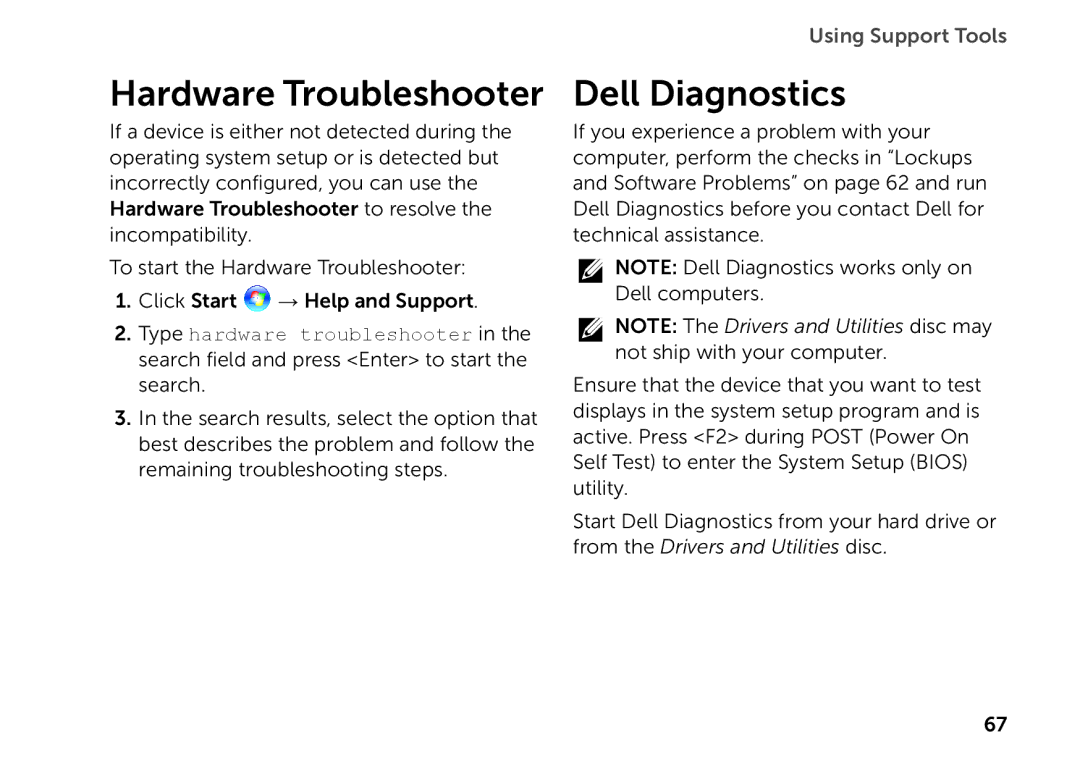 Dell P11F setup guide Hardware Troubleshooter, Dell Diagnostics 