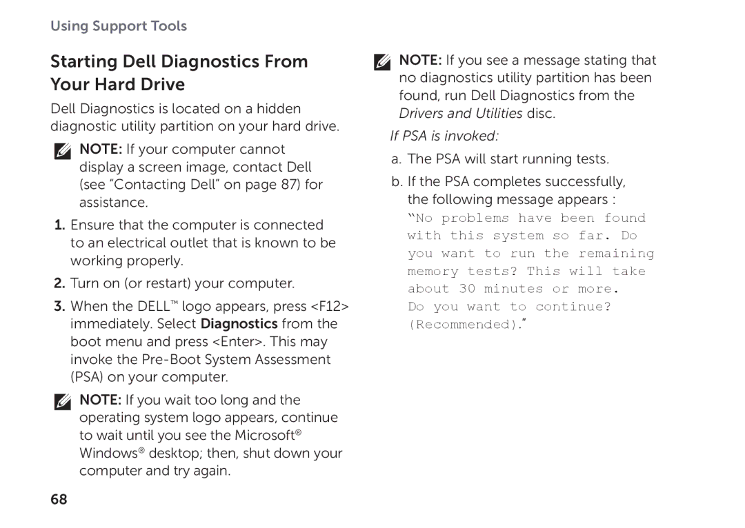 Dell P11F setup guide Starting Dell Diagnostics From Your Hard Drive, If PSA is invoked 