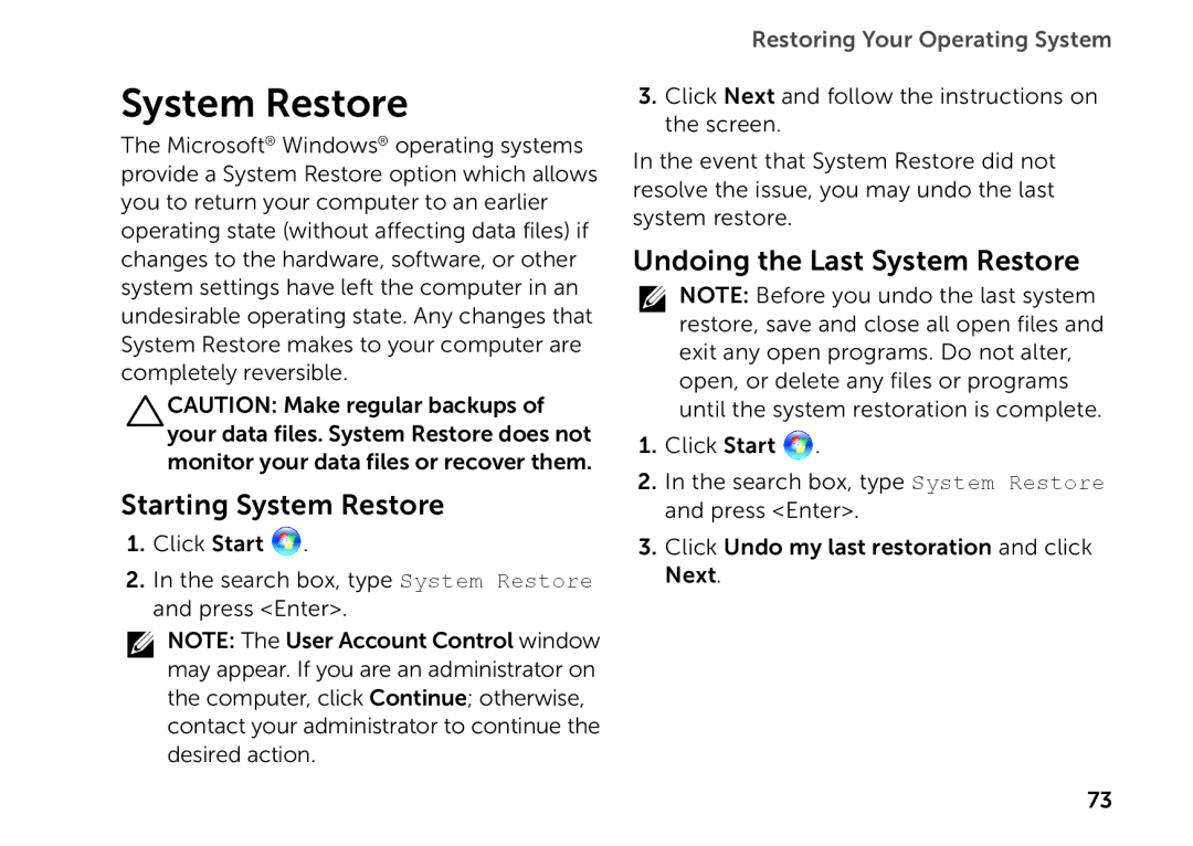 Dell P11F setup guide Starting System Restore, Undoing the Last System Restore 