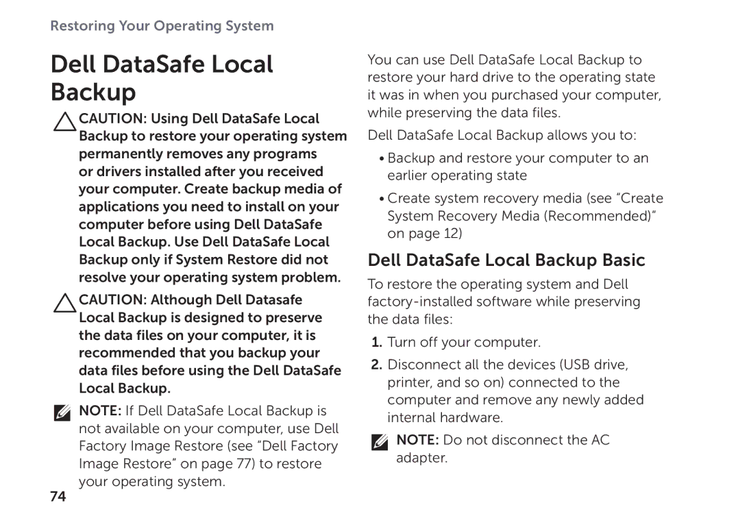 Dell P11F setup guide Dell DataSafe Local Backup Basic 