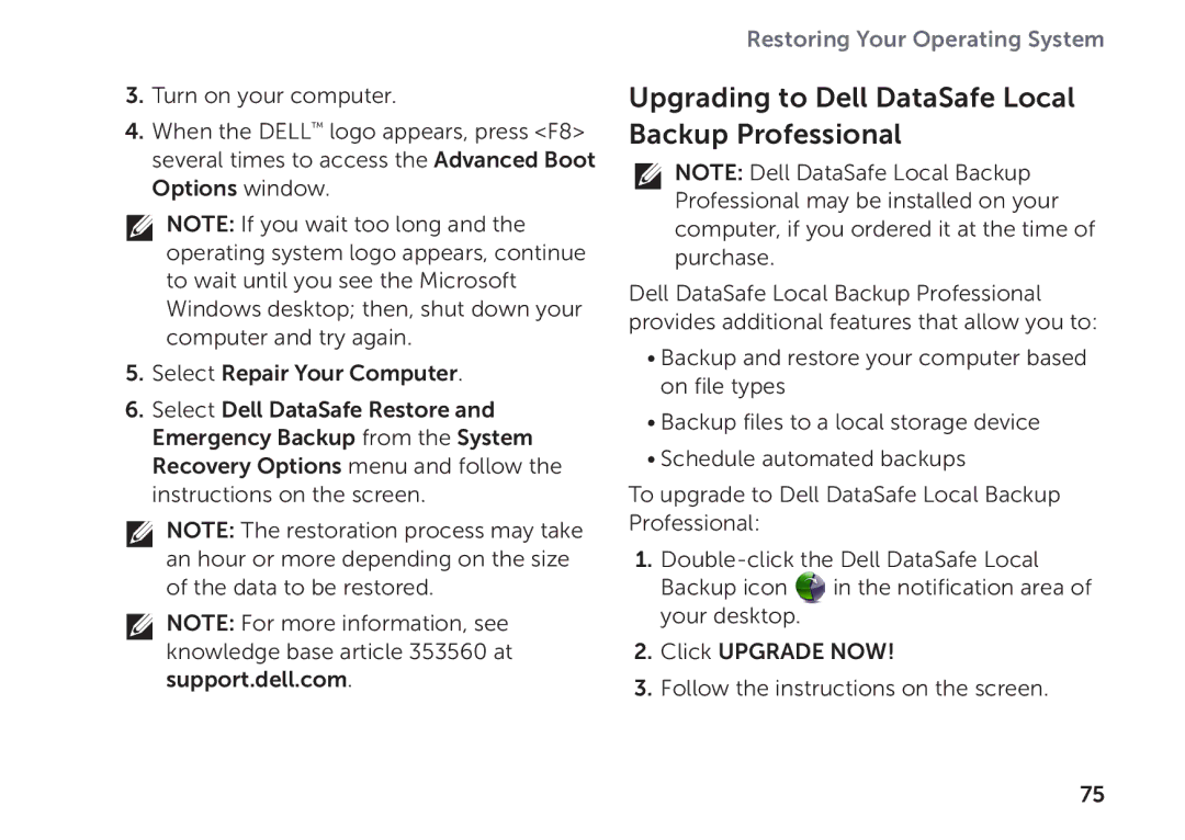 Dell P11F setup guide Upgrading to Dell DataSafe Local Backup Professional 