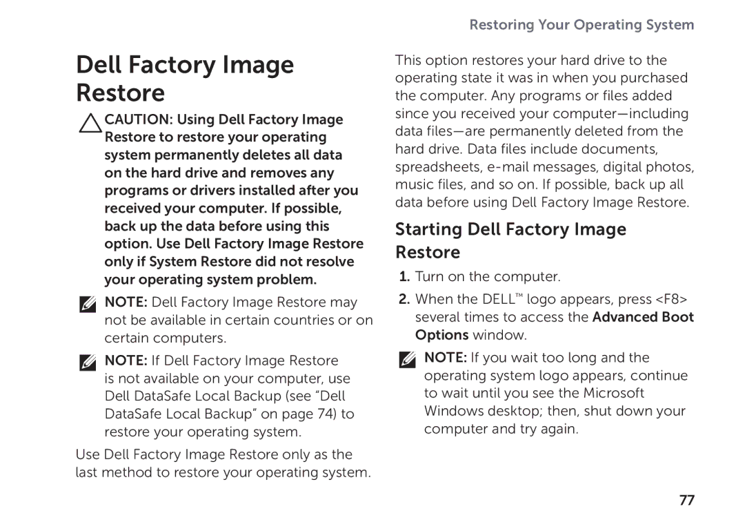 Dell P11F setup guide Starting Dell Factory Image Restore 