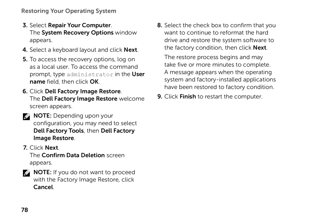 Dell P11F setup guide Restoring Your Operating System 