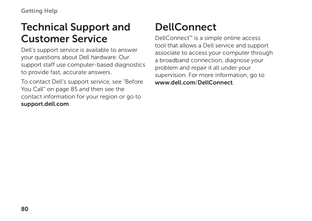 Dell P11F setup guide Technical Support and Customer Service, DellConnect 