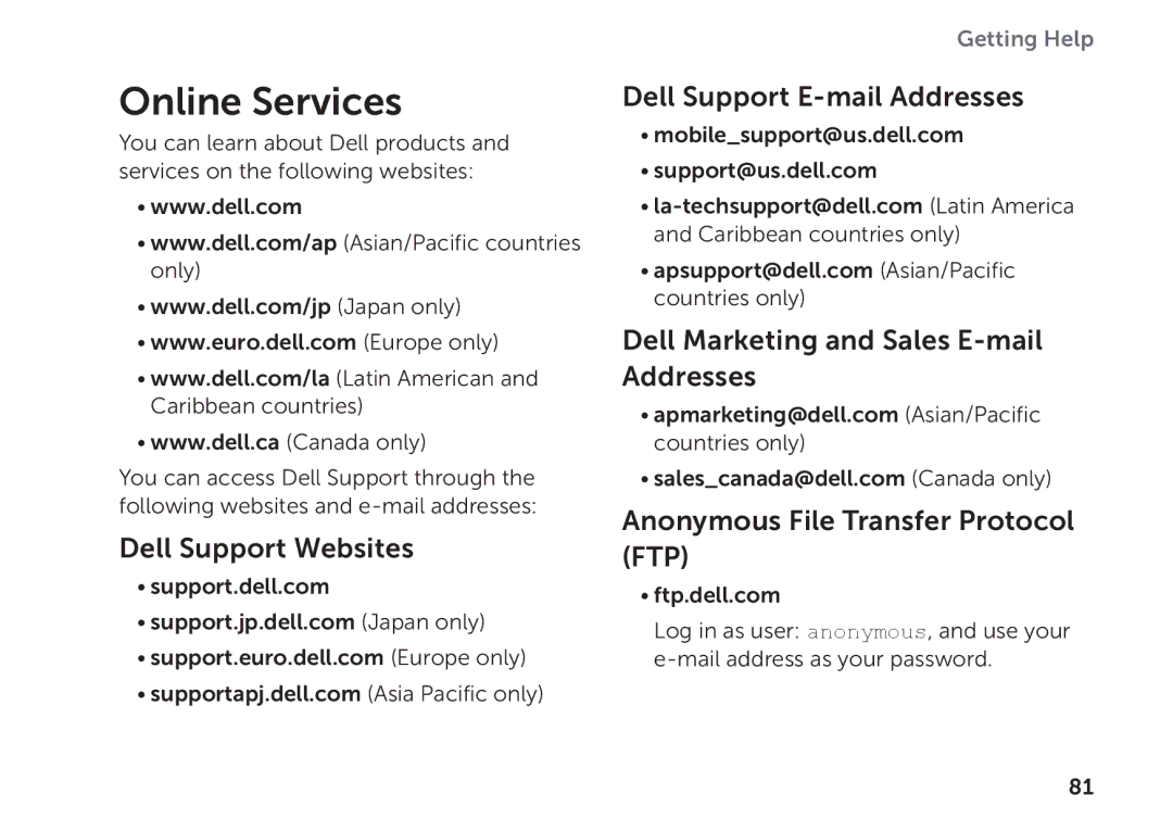 Dell P11F setup guide Online Services, Dell Support Websites, Dell Support E-mail Addresses 