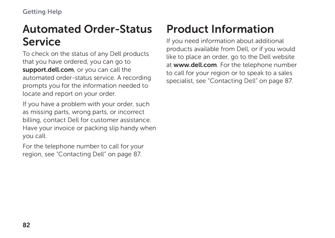 Dell P11F setup guide Automated Order-Status Service, Product Information 