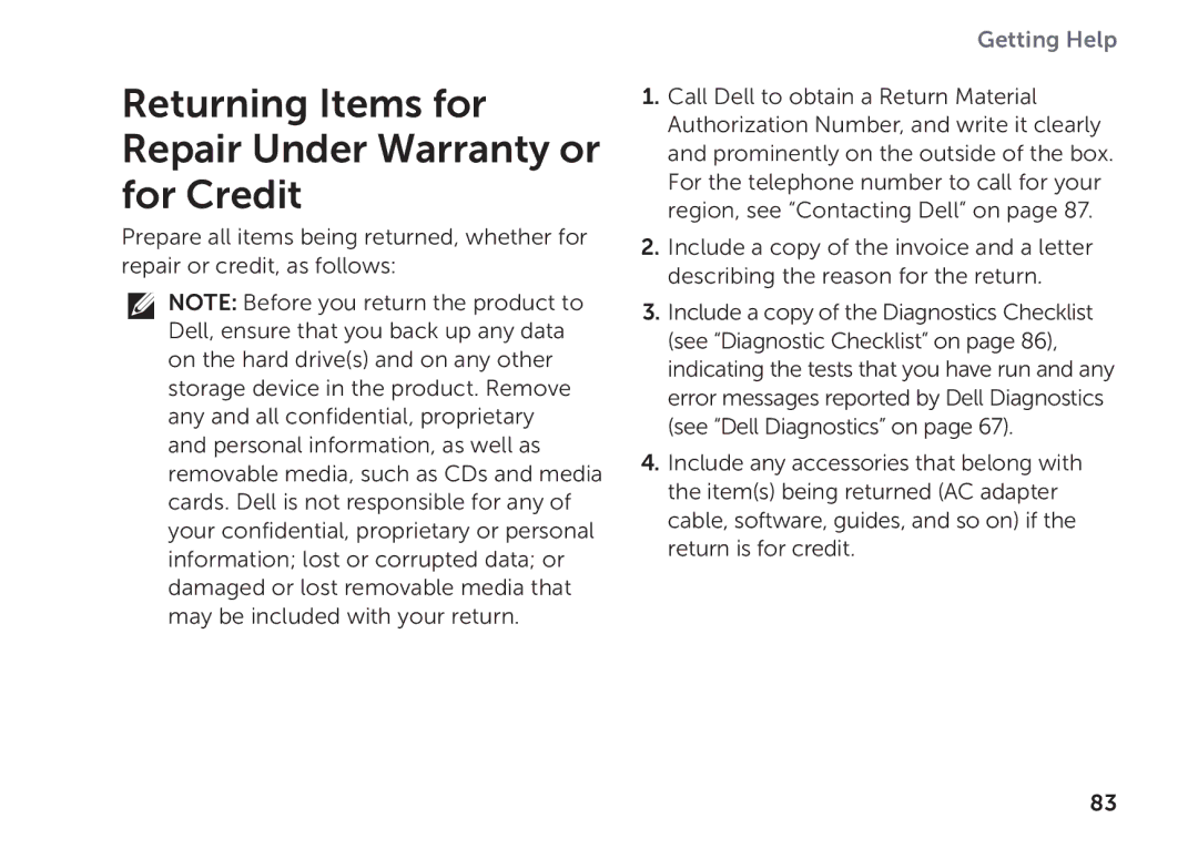 Dell P11F setup guide Returning Items for Repair Under Warranty or for Credit 