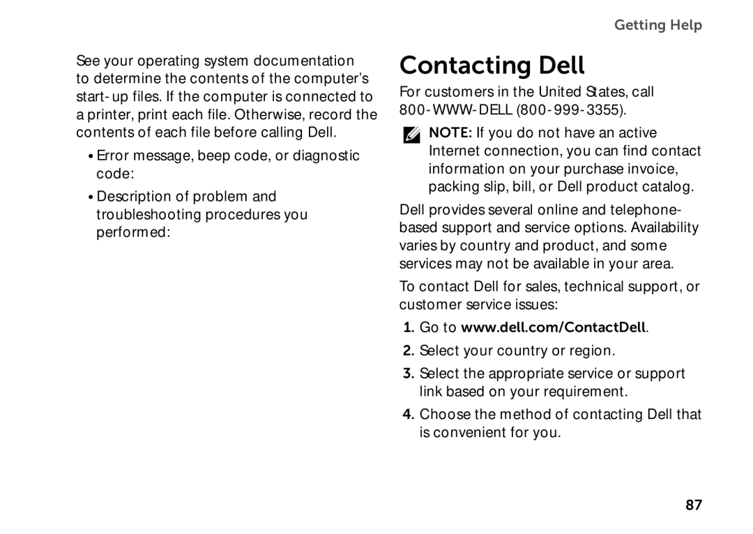 Dell P11F setup guide Contacting Dell 