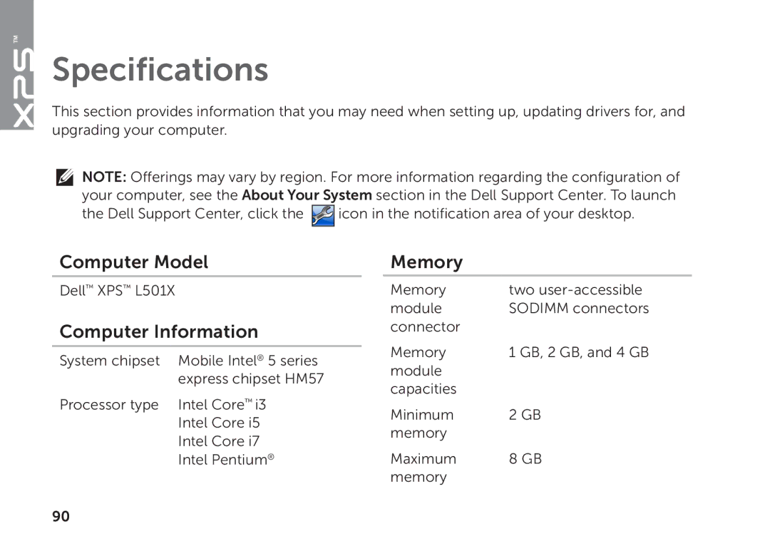 Dell P11F setup guide Specifications, Computer Model, Computer Information, Memory 