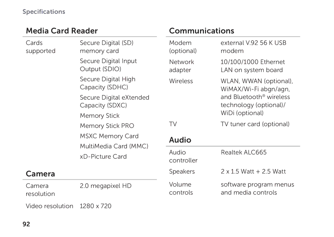 Dell P11F setup guide Media Card Reader, Camera, Communications, Audio 