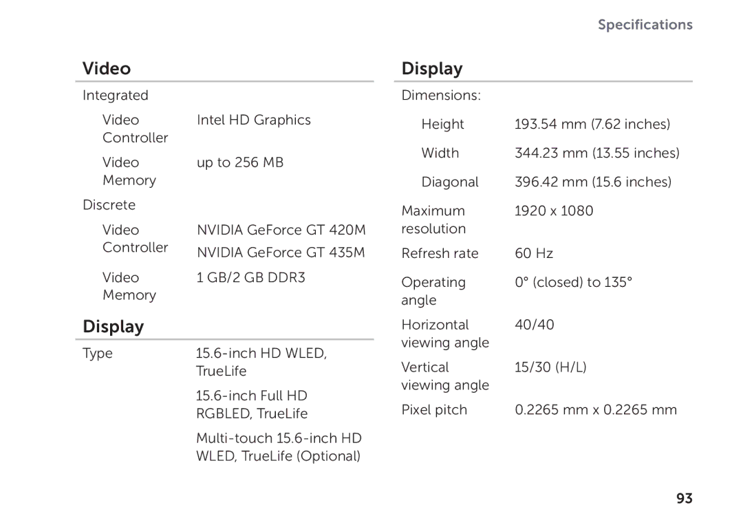 Dell P11F setup guide Video, Display 