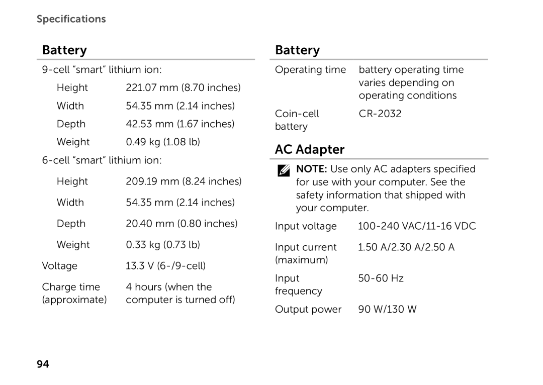 Dell P11F setup guide Battery, AC Adapter 