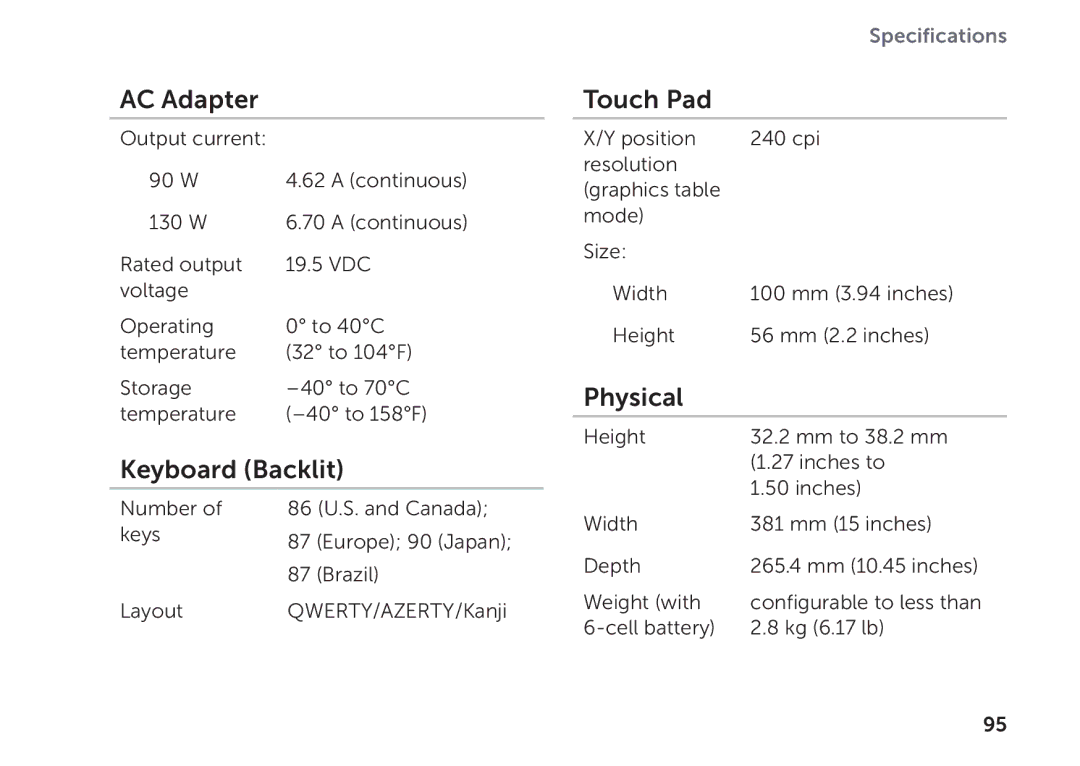 Dell P11F setup guide Keyboard Backlit, Touch Pad, Physical 