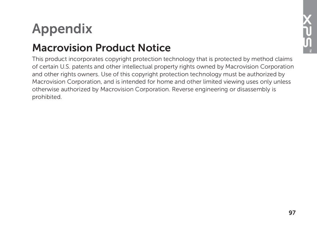 Dell P11F setup guide Appendix, Macrovision Product Notice 