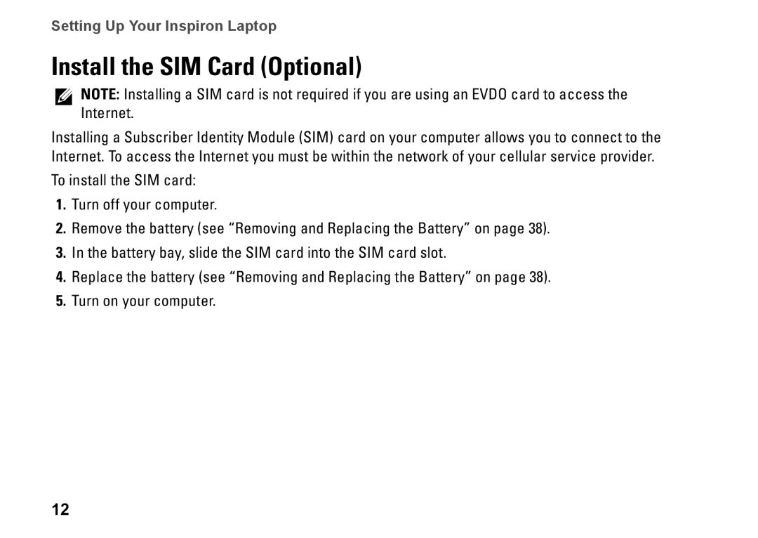 Dell M301Z, P11S002, HYD06 setup guide Install the SIM Card Optional 