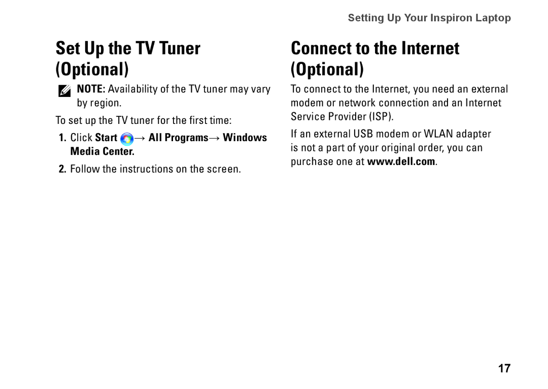 Dell HYD06, P11S002, M301Z setup guide Set Up the TV Tuner Optional, Connect to the Internet Optional 