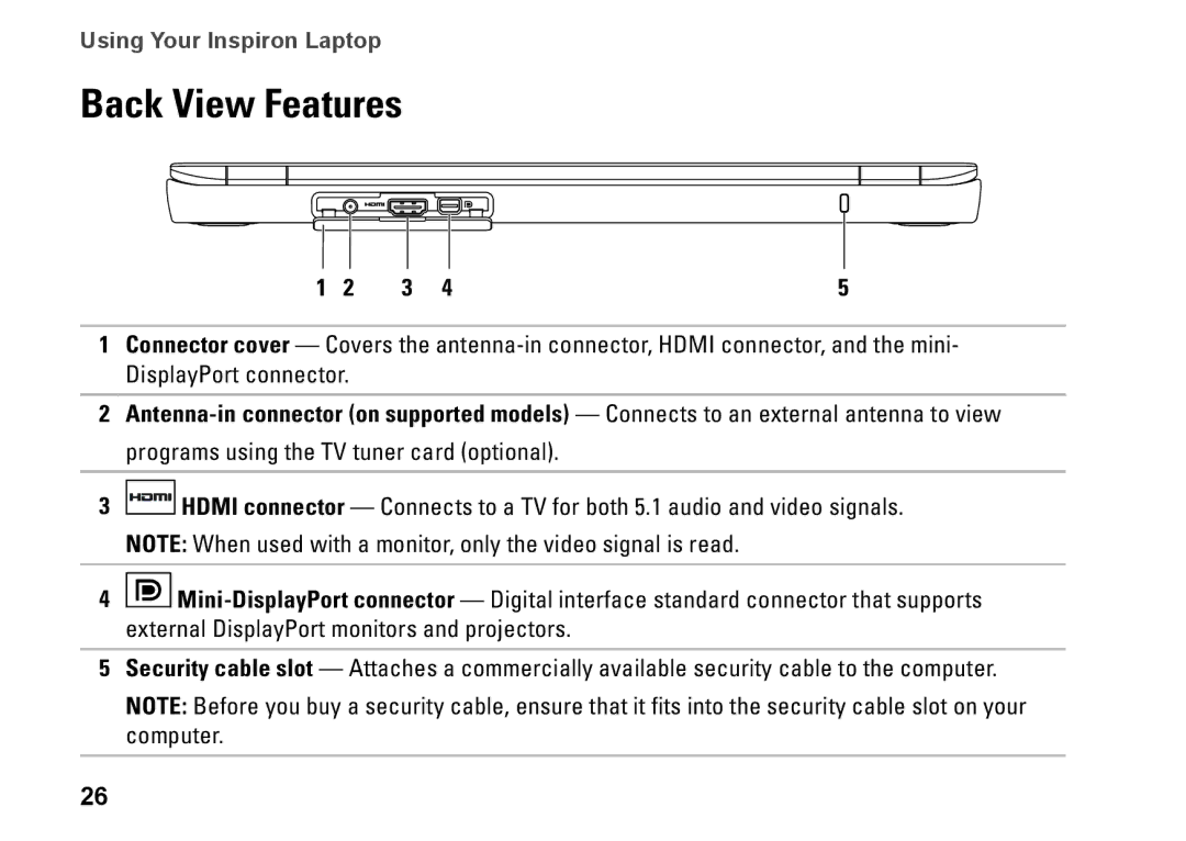 Dell HYD06, P11S002, M301Z setup guide Back View Features 