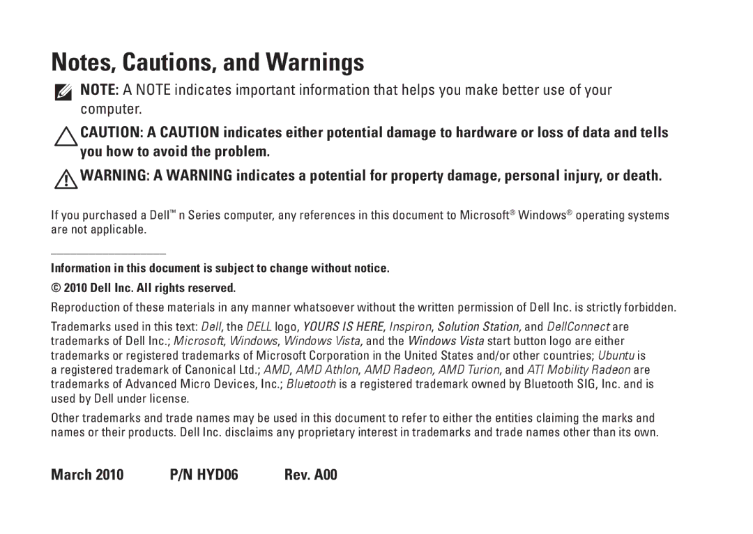 Dell P11S002, M301Z setup guide March 2010 P/N HYD06 Rev. A00 