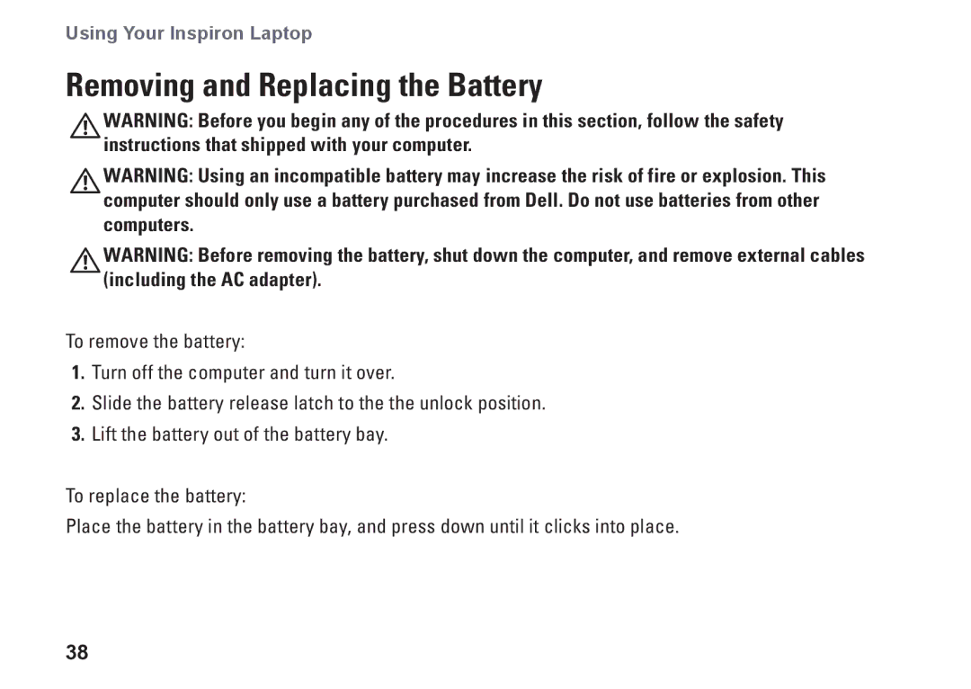 Dell HYD06, P11S002, M301Z setup guide Removing and Replacing the Battery 