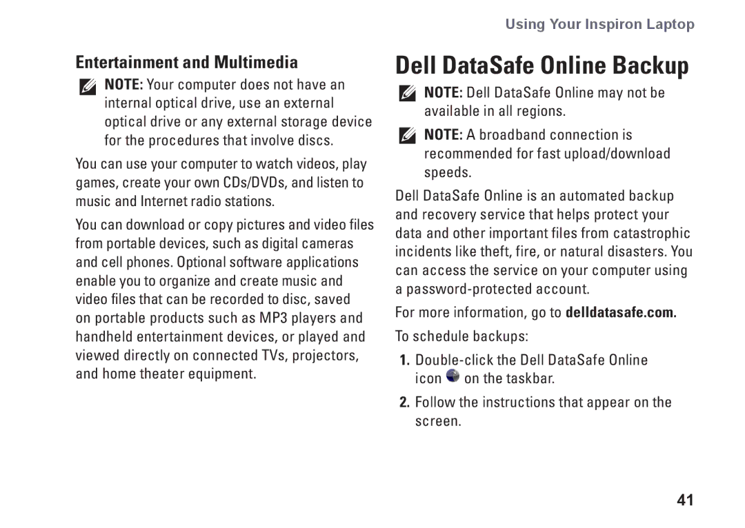 Dell HYD06, P11S002, M301Z setup guide Dell DataSafe Online Backup, Entertainment and Multimedia 