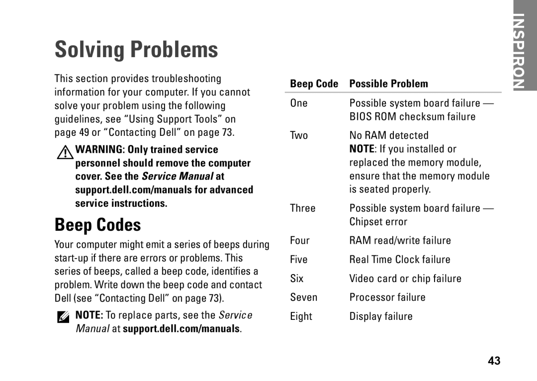 Dell P11S002, HYD06, M301Z setup guide Solving Problems, Beep Codes, Beep Code Possible Problem 