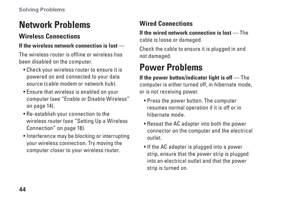 Dell HYD06, P11S002, M301Z setup guide Network Problems, Power Problems, Wireless Connections, Wired Connections 