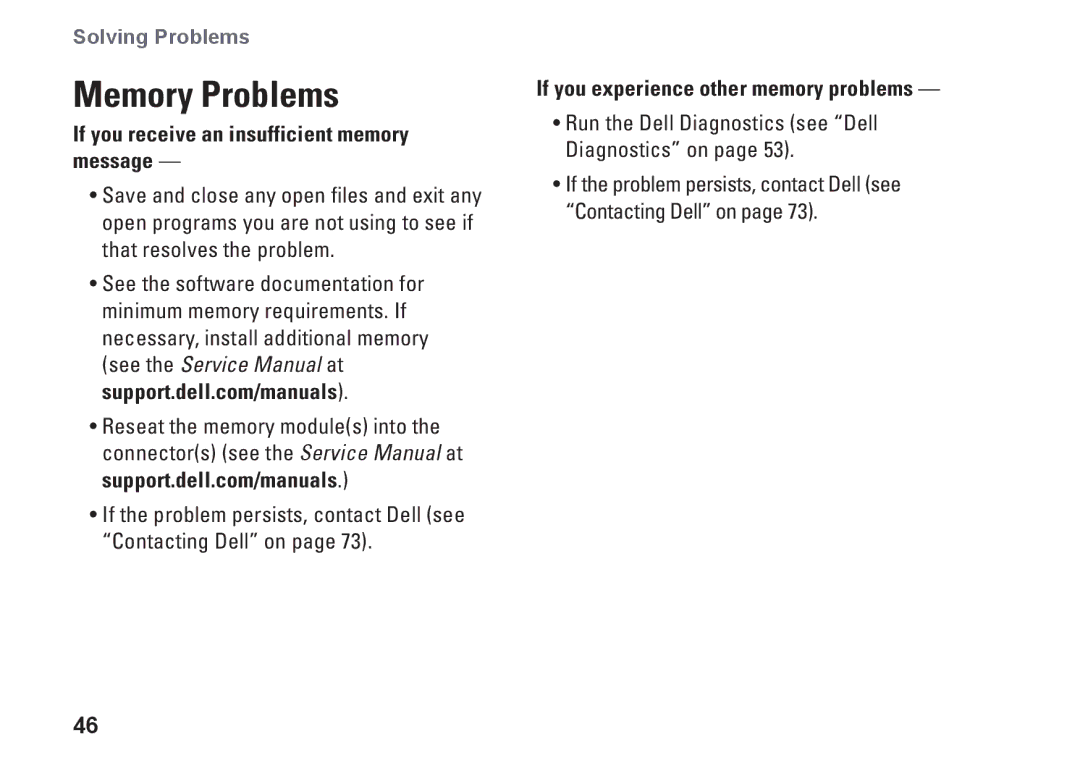 Dell P11S002 Memory Problems, If you receive an insufficient memory message, If you experience other memory problems 