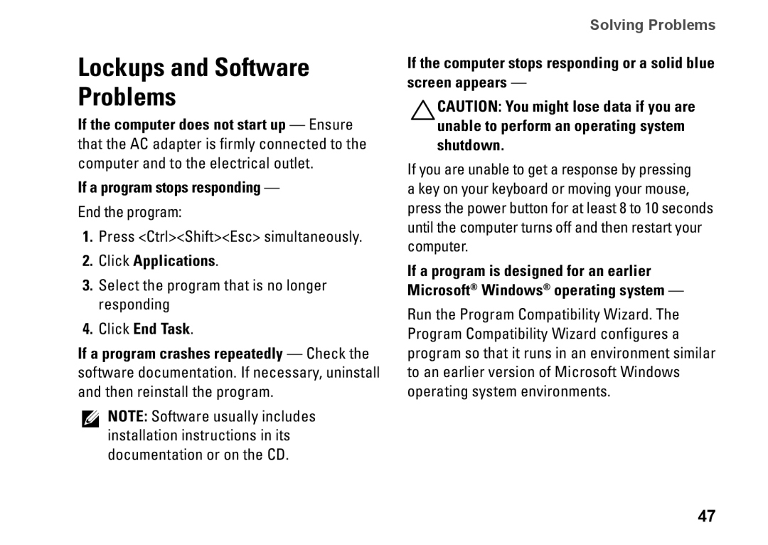 Dell HYD06, P11S002, M301Z setup guide If a program stops responding, Click Applications, Click End Task 