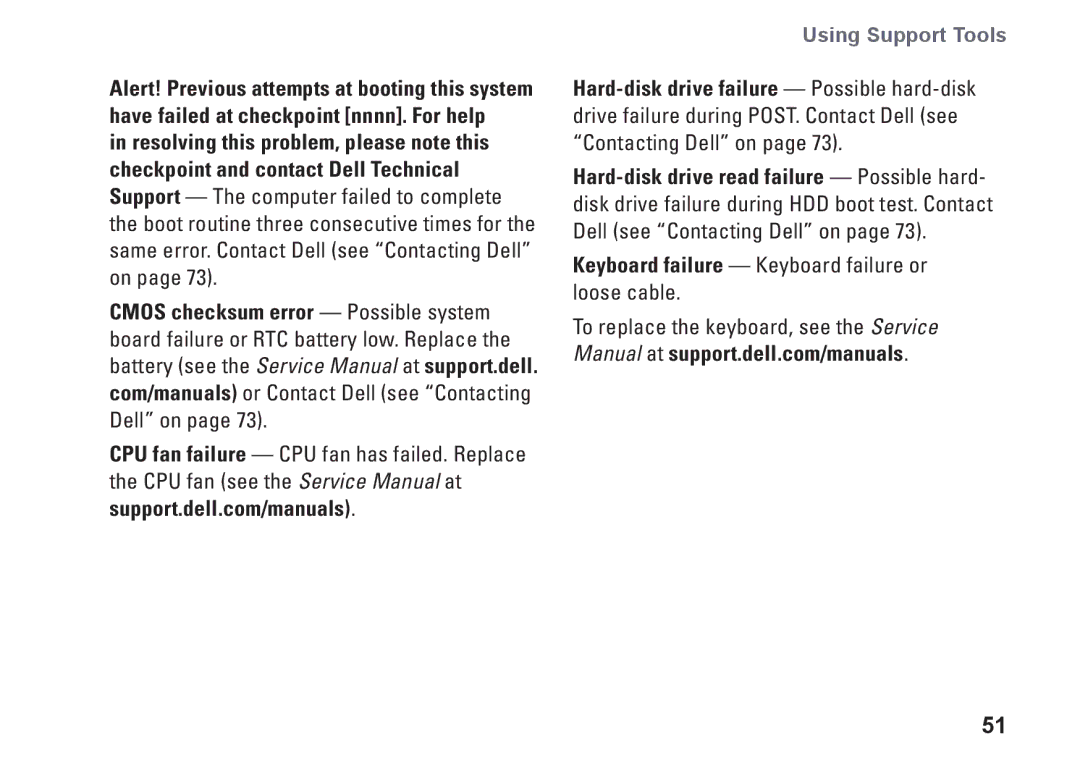 Dell M301Z, P11S002, HYD06 setup guide Keyboard failure Keyboard failure or loose cable 