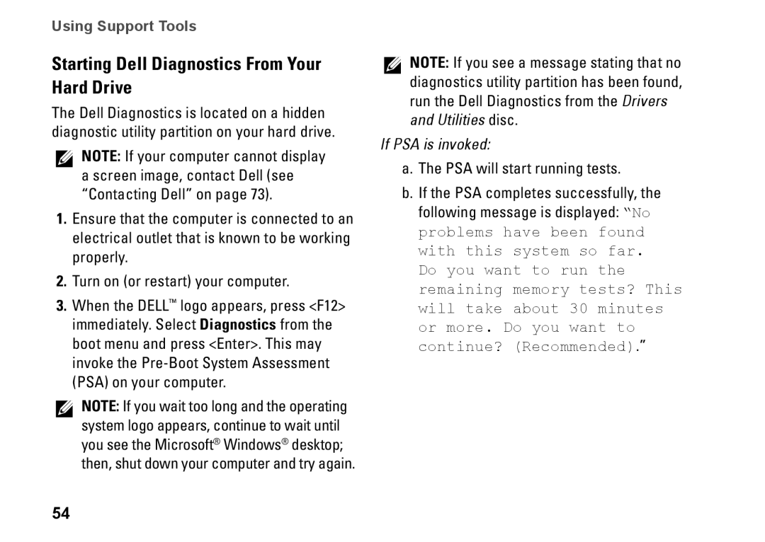 Dell M301Z, P11S002, HYD06 setup guide Starting Dell Diagnostics From Your Hard Drive, If PSA is invoked 