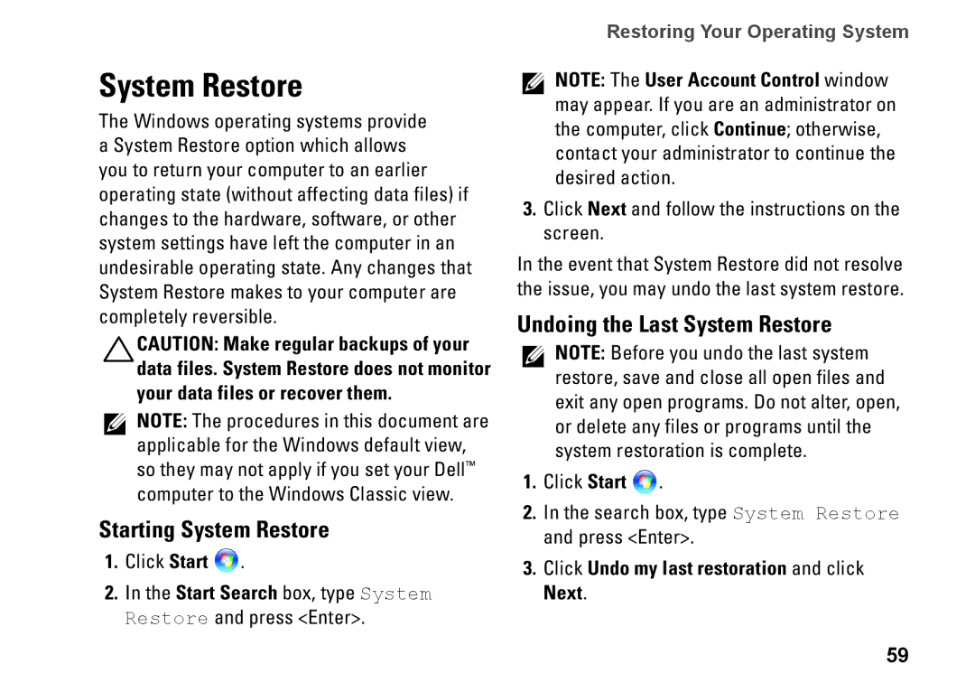 Dell HYD06 Starting System Restore, Undoing the Last System Restore, Click Undo my last restoration and click Next 