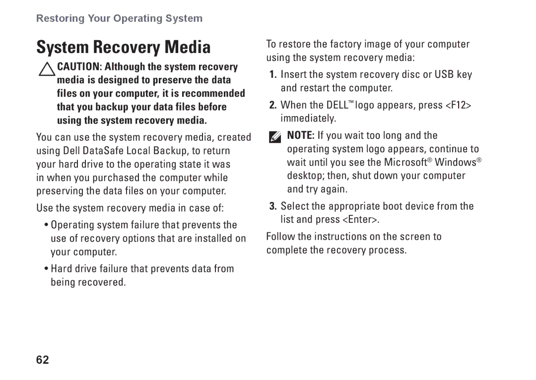 Dell HYD06, P11S002, M301Z setup guide System Recovery Media 