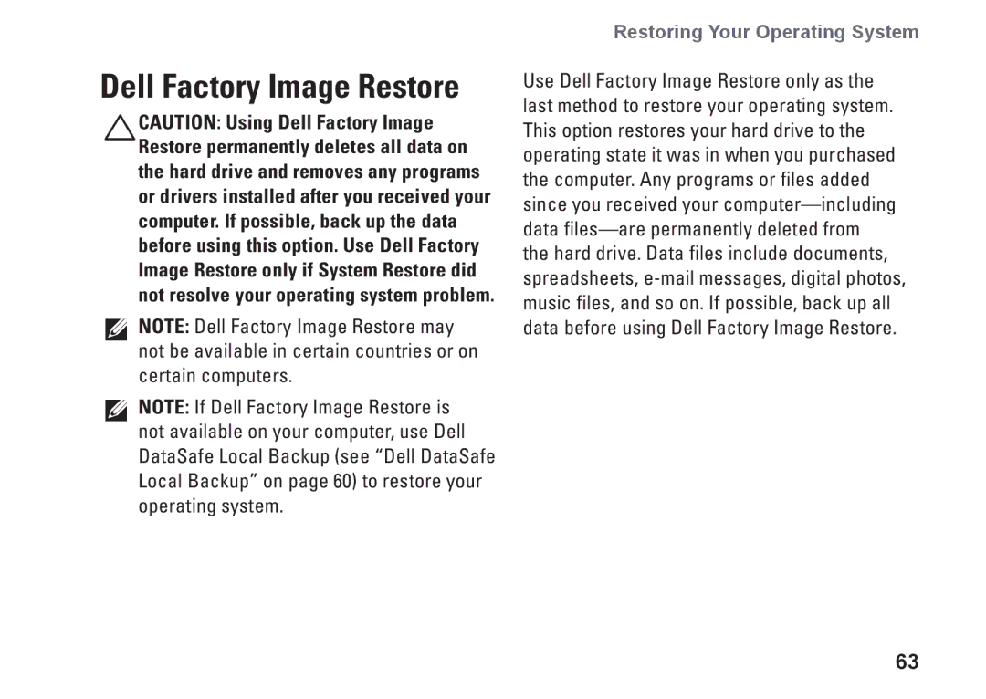 Dell M301Z, P11S002, HYD06 setup guide Dell Factory Image Restore 