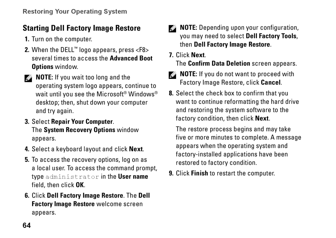 Dell P11S002, HYD06, M301Z setup guide Starting Dell Factory Image Restore, Confirm Data Deletion screen appears 