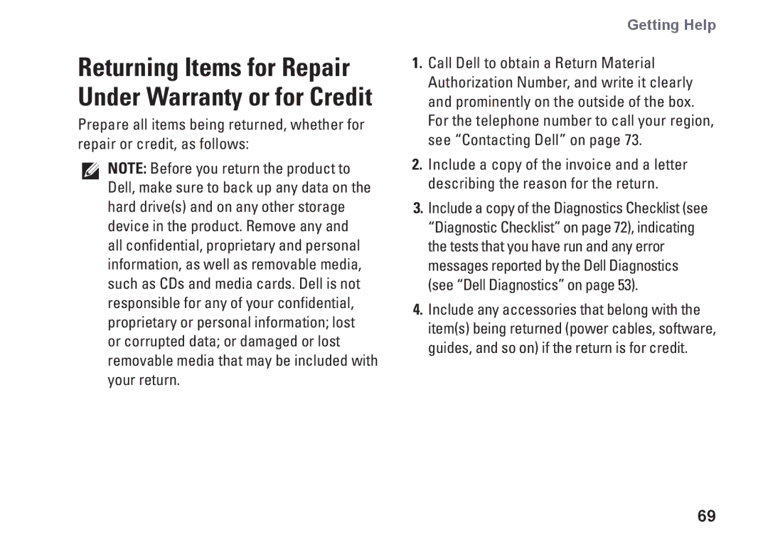 Dell M301Z, P11S002, HYD06 setup guide Returning Items for Repair Under Warranty or for Credit 