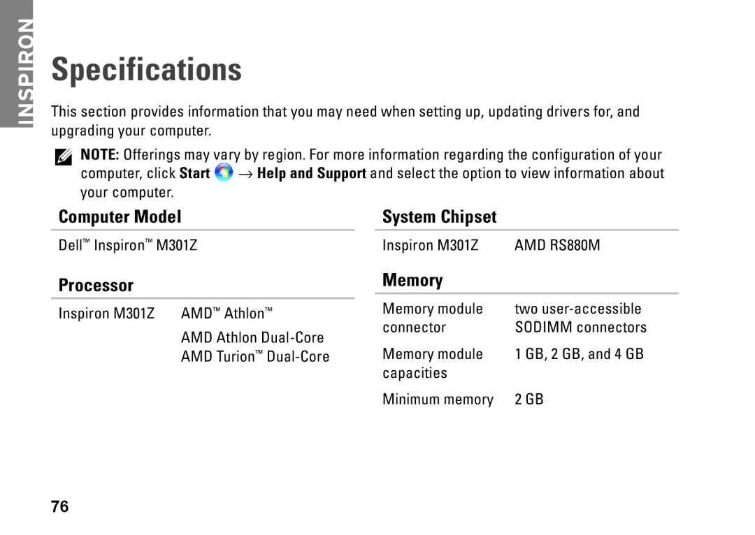 Dell P11S002, HYD06, M301Z setup guide Specifications, Computer Model System Chipset, Processor Memory 