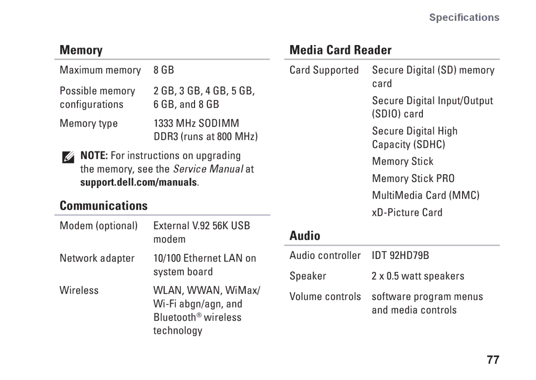 Dell HYD06, P11S002, M301Z setup guide Communications, Media Card Reader, Audio 