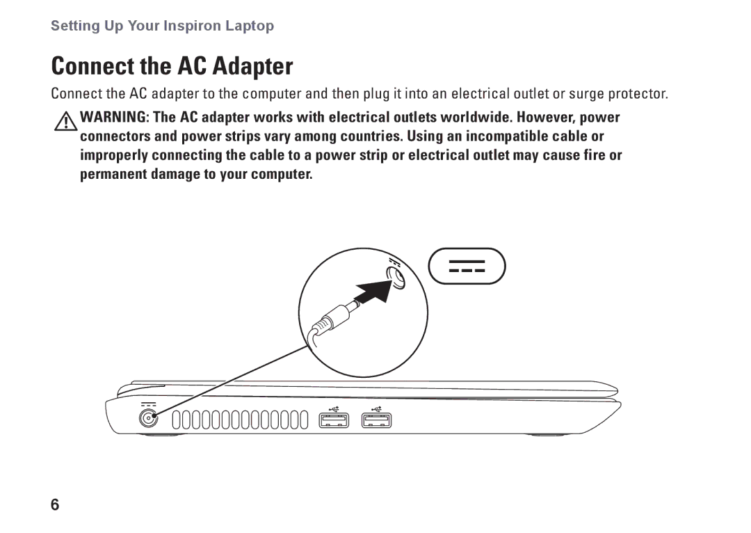 Dell M301Z, P11S002, HYD06 setup guide Connect the AC Adapter 