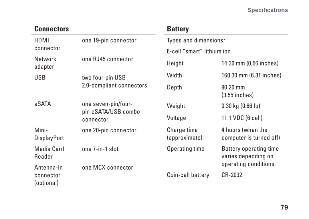 Dell P11S002, HYD06, M301Z setup guide Battery, Usb 