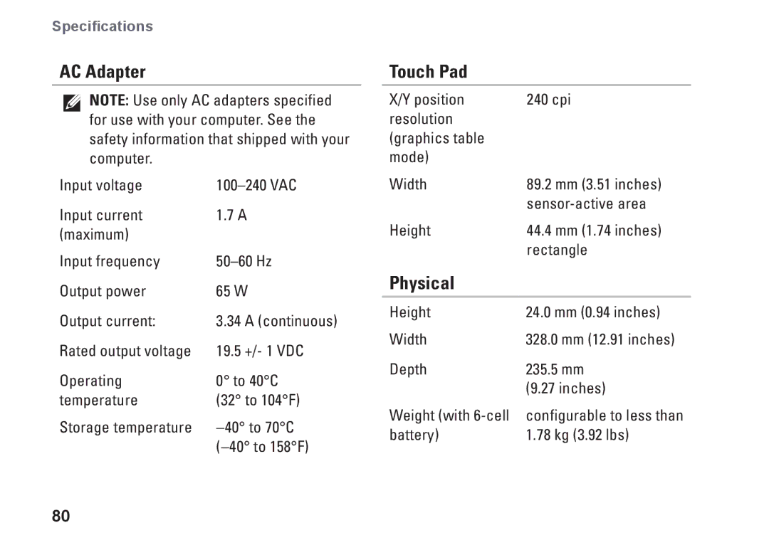 Dell HYD06, P11S002, M301Z setup guide AC Adapter, Touch Pad, Physical 