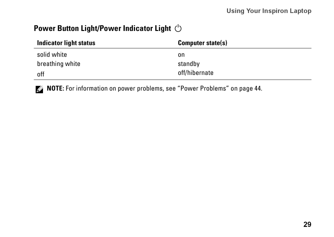 Dell HYD06 Power Button Light/Power Indicator Light, Indicator light status, Computer states, Using Your Inspiron Laptop 