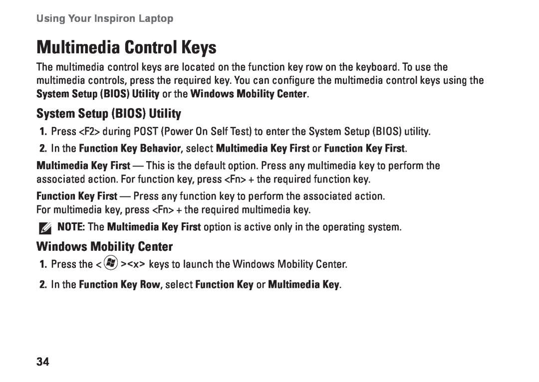 Dell P11S002 Multimedia Control Keys, System Setup BIOS Utility, Windows Mobility Center, Using Your Inspiron Laptop 