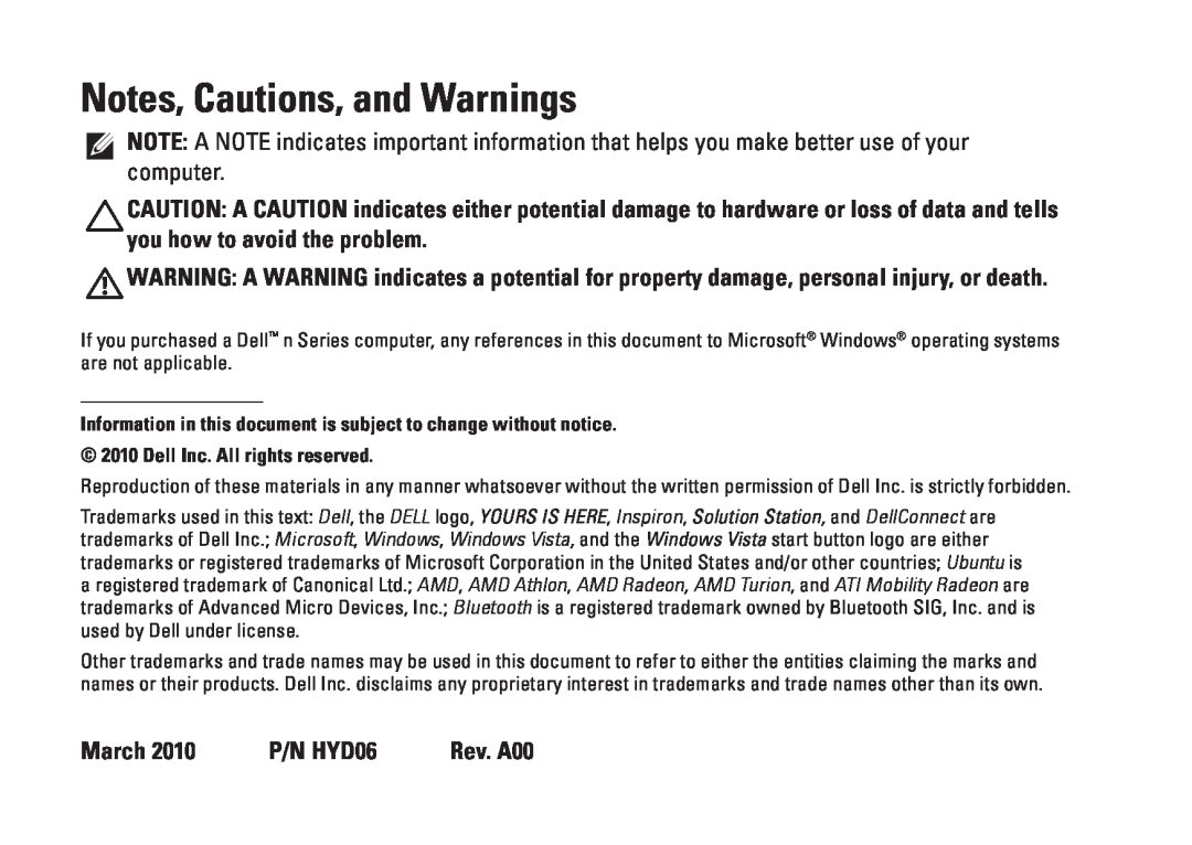 Dell P11S002, M301Z setup guide Notes, Cautions, and Warnings, March 2010 P/N HYD06 Rev. A00 
